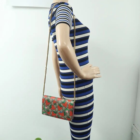 Authentic GUCCI Chain Wallet Brown Strawberry Canvas Shoulder Bag 778-121424 - Picture 12 of 12